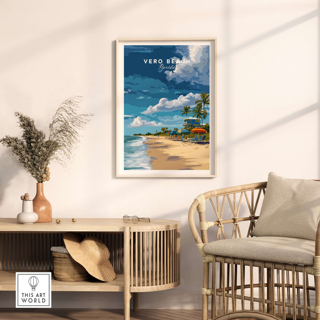 Vero Beach Florida beachfront resort print showing lifeguard station and sunny shores in a cozy living room setting.