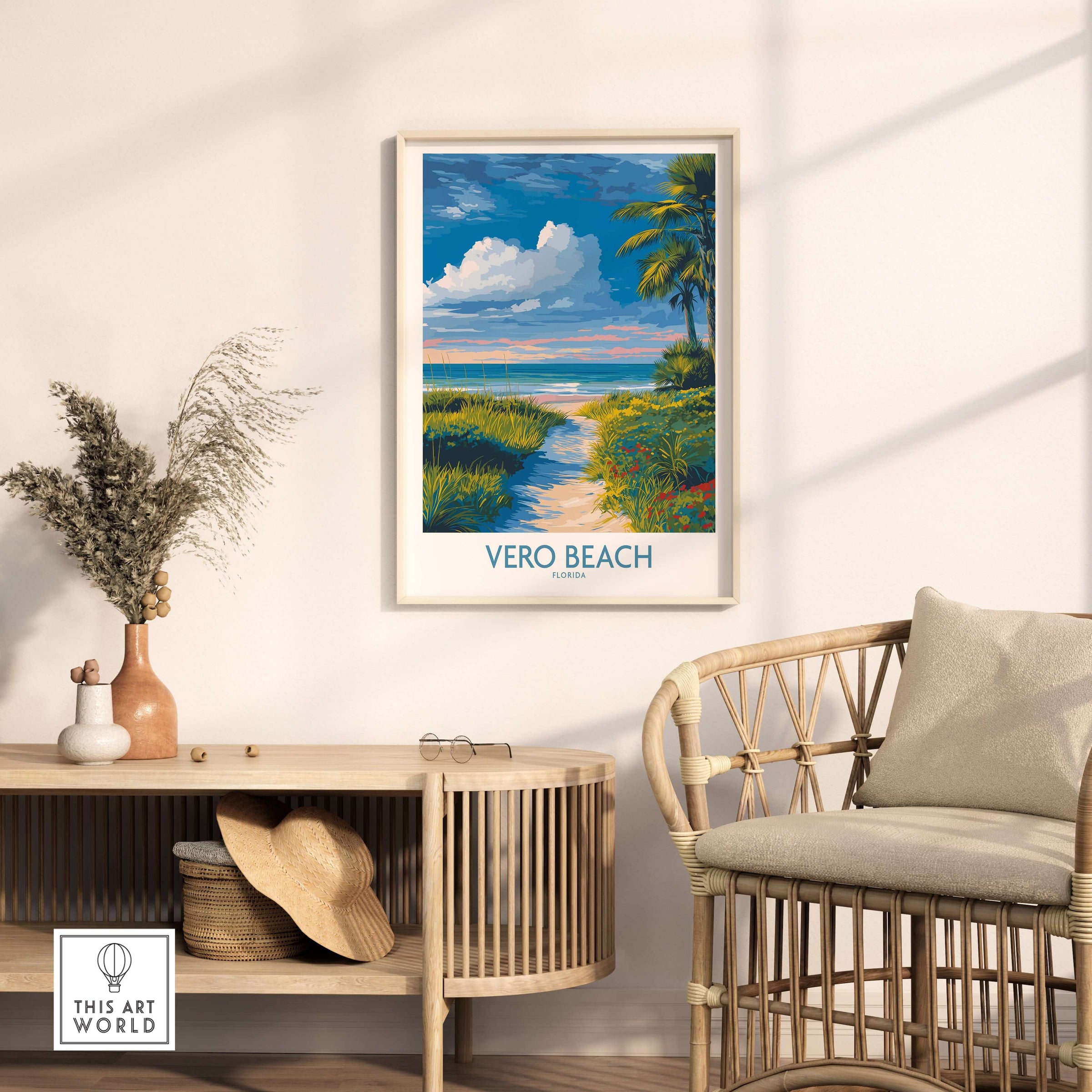 Vero Beach Ocean View Poster - Florida Nature Decor displayed in coastal decor setting with rattan chair and natural elements.
