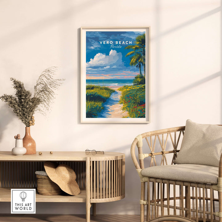 Vero Beach Florida coastal path wall art print with vibrant flowers and serene beach scene.