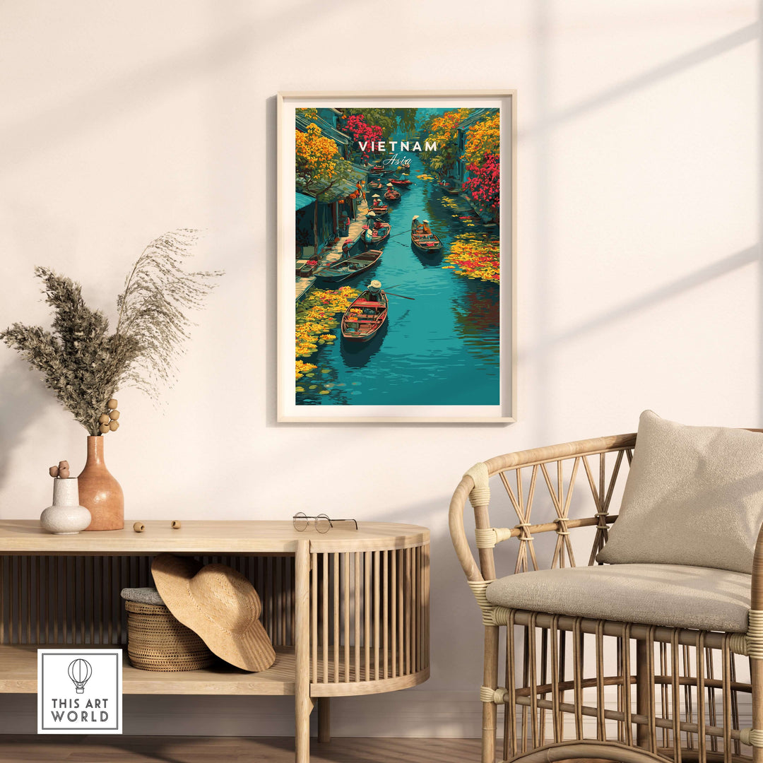 Hoi An Canal Boats print showcasing vibrant river market scene in Vietnam, perfect for home decor.