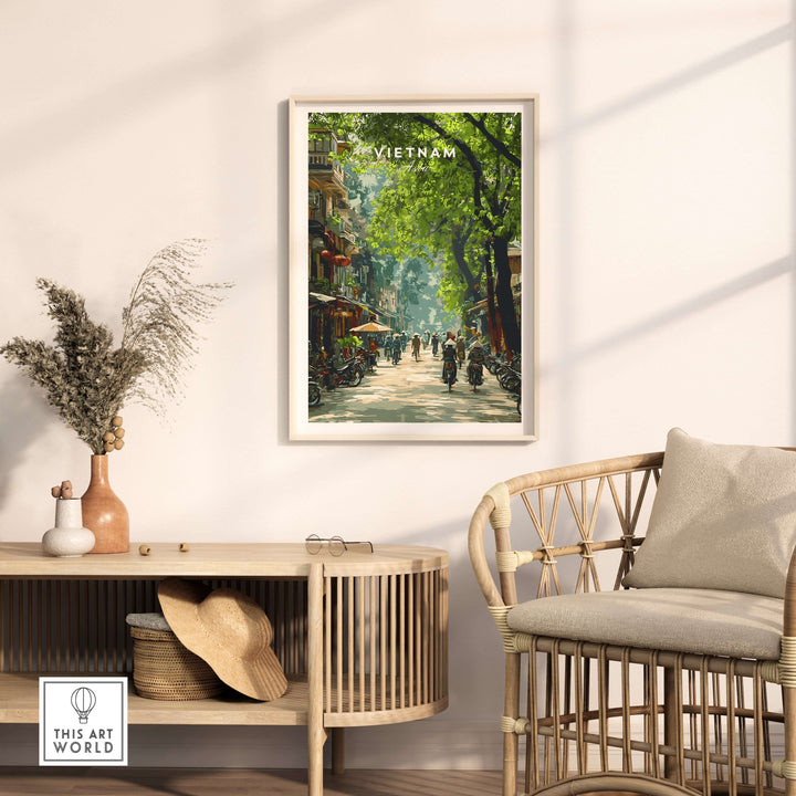 Vietnam Wall Art Poster showcasing vibrant street life and lush greenery, perfect for home decor.