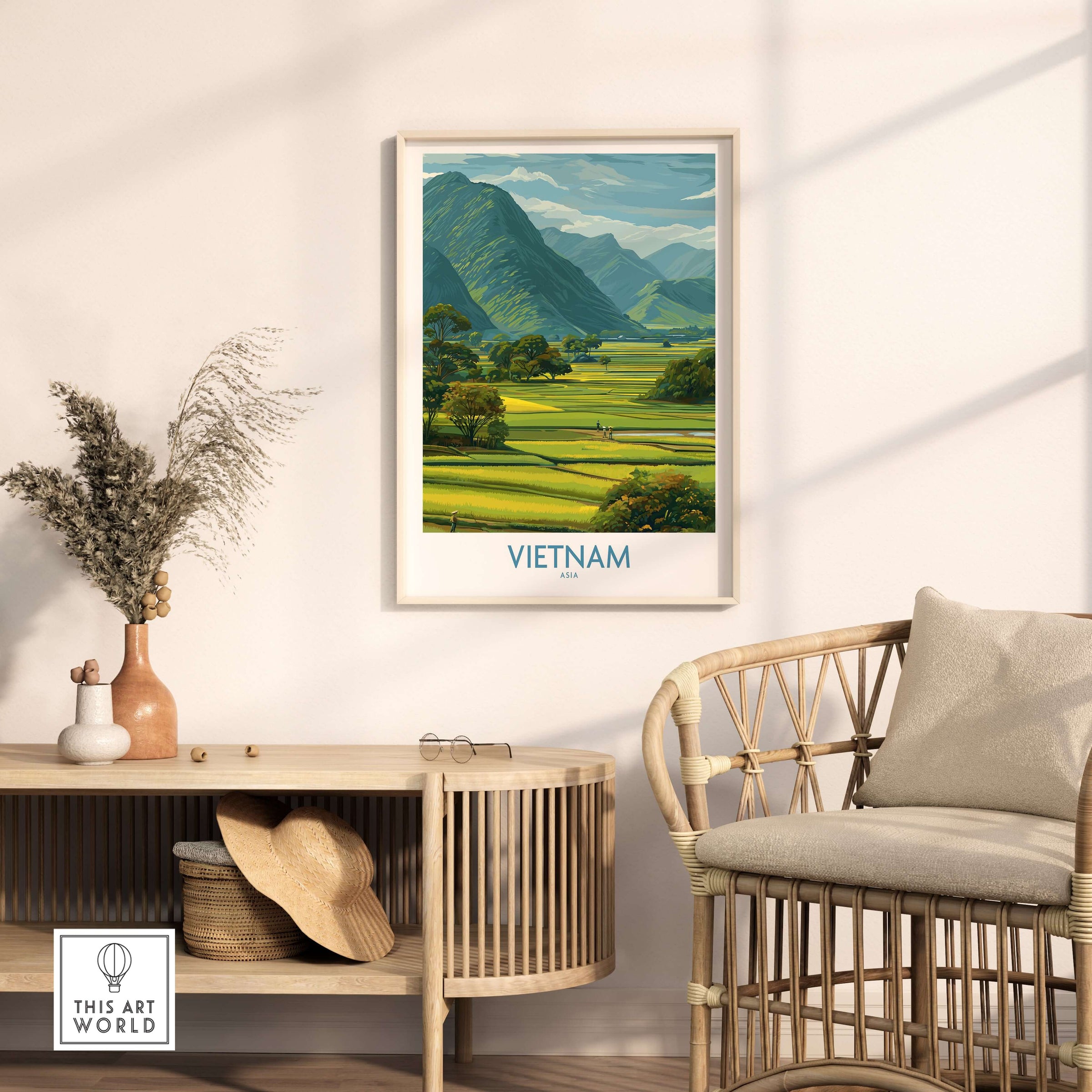 Vietnam Wall Art - Vietnamese Countryside Travel Print showcased in a serene living space with lush landscapes.