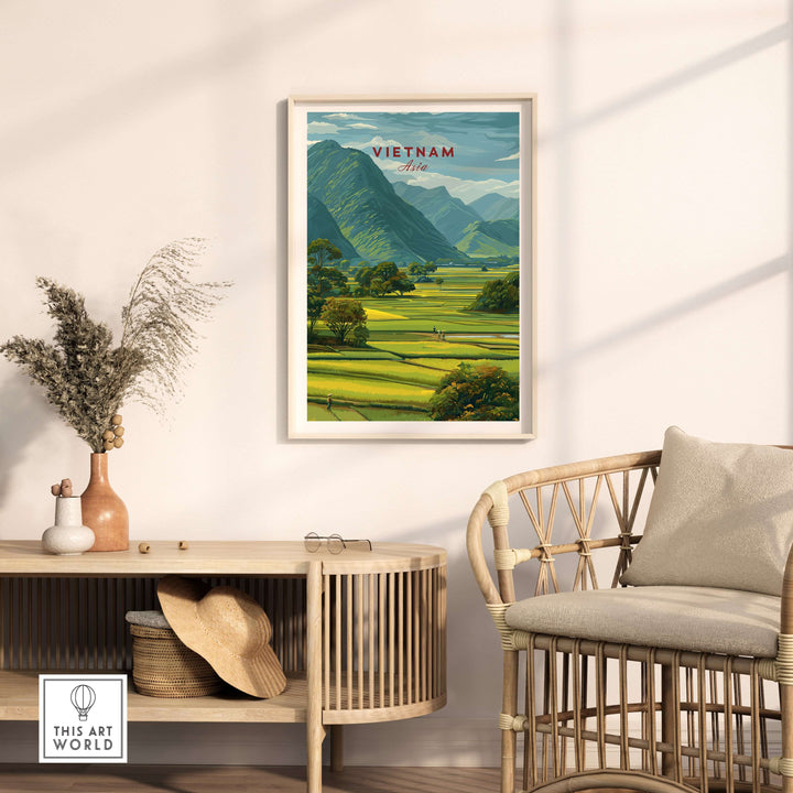 Vietnam Rice Fields Landscape Print in a framed setting, showcasing rural mountain panorama and vibrant terraced fields.