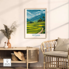 Vietnam Art Print - Southeast Asian Nature Poster framed in a modern living room decor with natural elements.