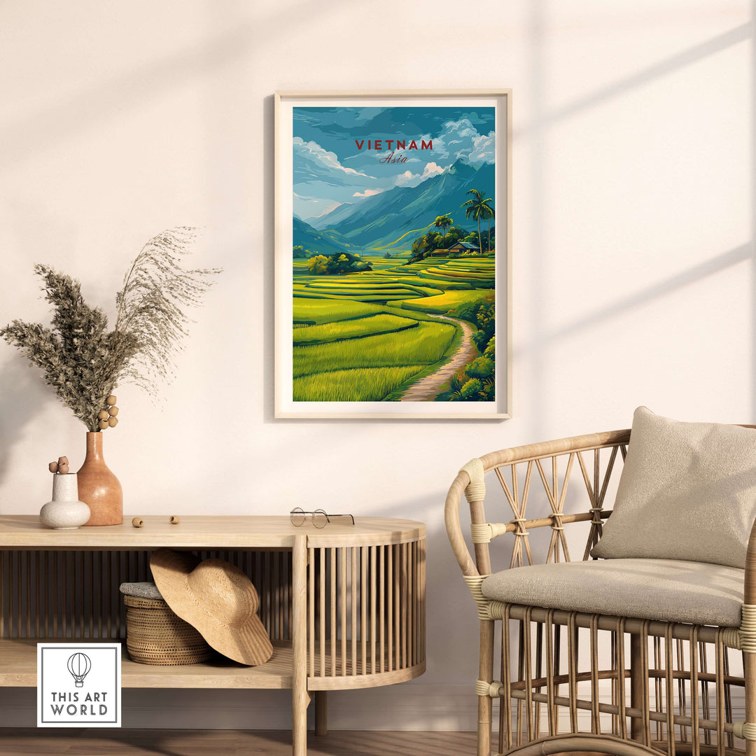 Vietnam travel poster featuring vibrant rice fields and mountains, perfect for inspiring wanderlust and home decor.