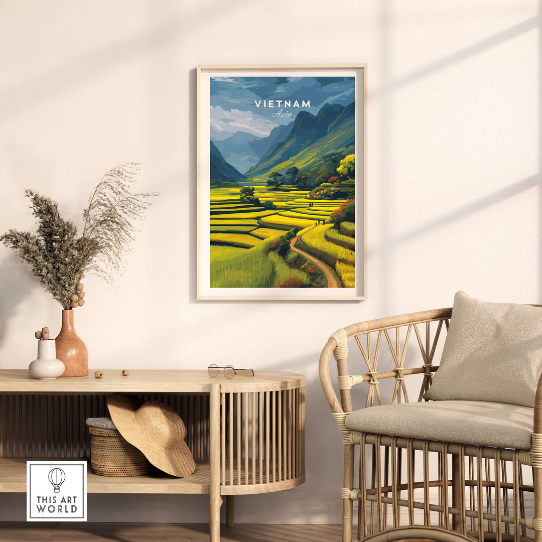 Vietnam rice terraces print poster in a stylish living room, showcasing lush green fields and mountains.