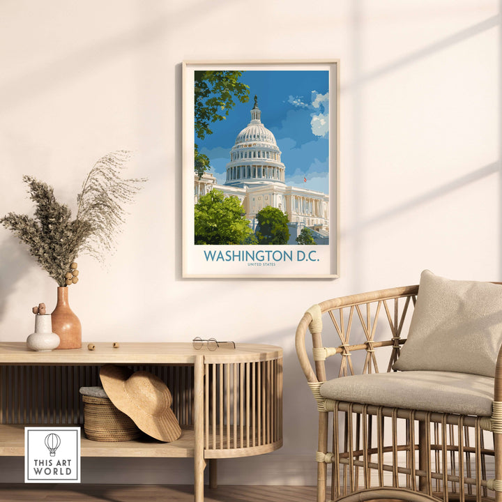 Washington D.C. Capitol Hill poster displayed in a modern living room, showcasing the iconic Capitol building and greenery.