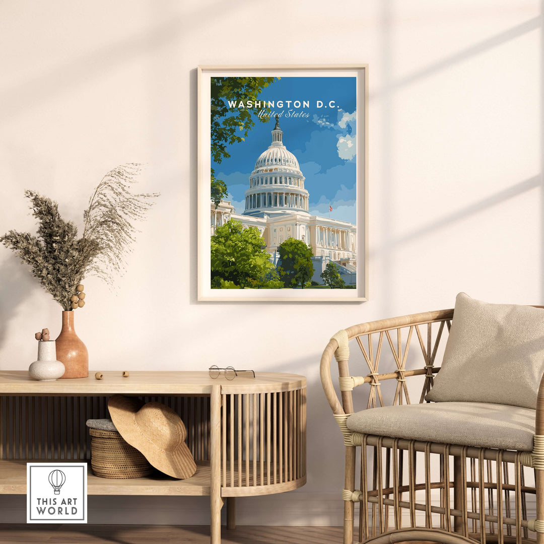 Framed print of the US Capitol Building in Washington D.C. on wall decor, showcasing American landmark art.
