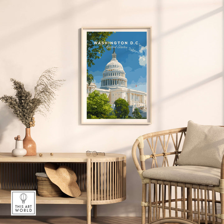 Framed print of the US Capitol Building in Washington D.C. on wall decor, showcasing American landmark art.