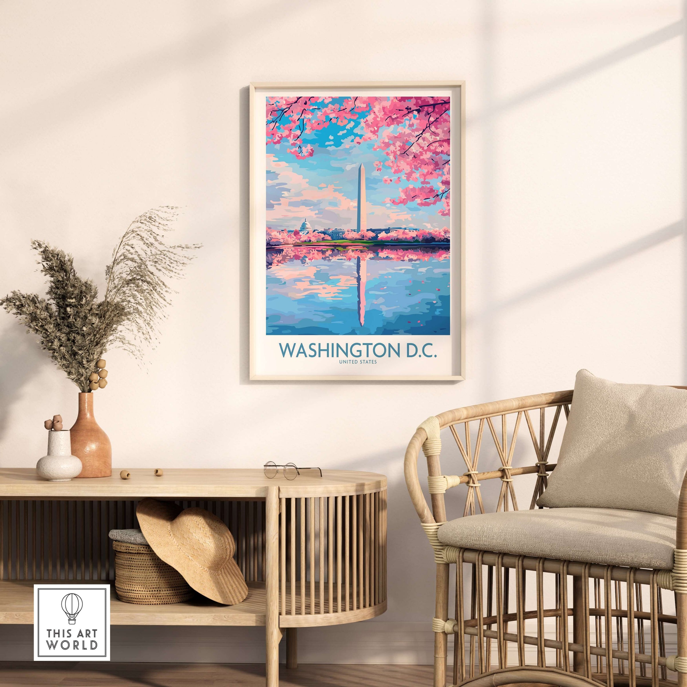 Washington D.C. Wall Art - Travel Print showcasing the iconic Washington Monument with cherry blossoms.