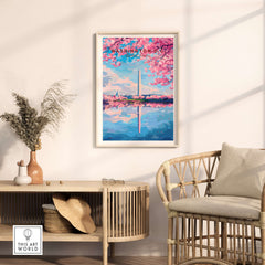 Washington D.C. Cherry Blossom Poster - Jefferson Memorial Print showcasing cherry blossoms and the Washington Monument.