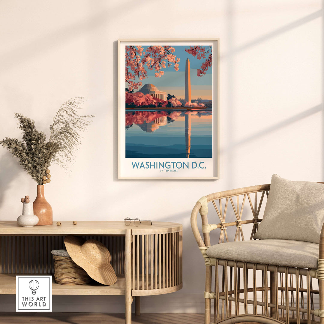 Washington D.C. cherry blossom poster featuring pink blooms and iconic landmarks in a modern living space.