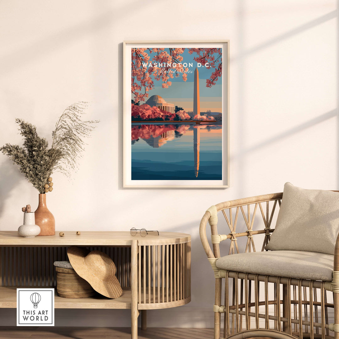 Washington D.C. poster featuring Jefferson Memorial and Washington Monument surrounded by cherry blossoms.