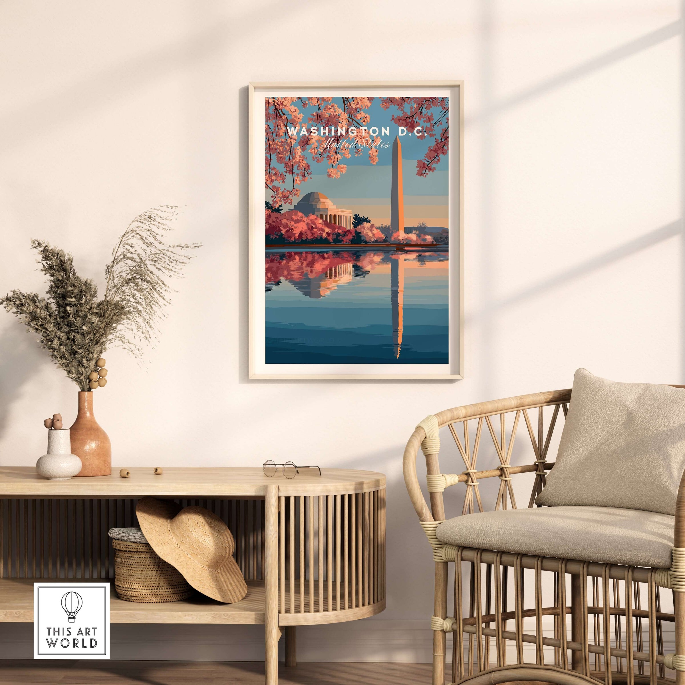 Washington D.C. Poster - Jefferson Memorial & Washington Monument Print - Cherry Blossom Wall Art on a modern wall.