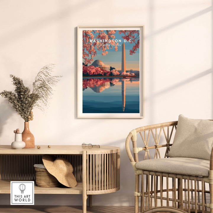 Washington D.C. poster featuring Jefferson Memorial and Washington Monument surrounded by cherry blossoms.