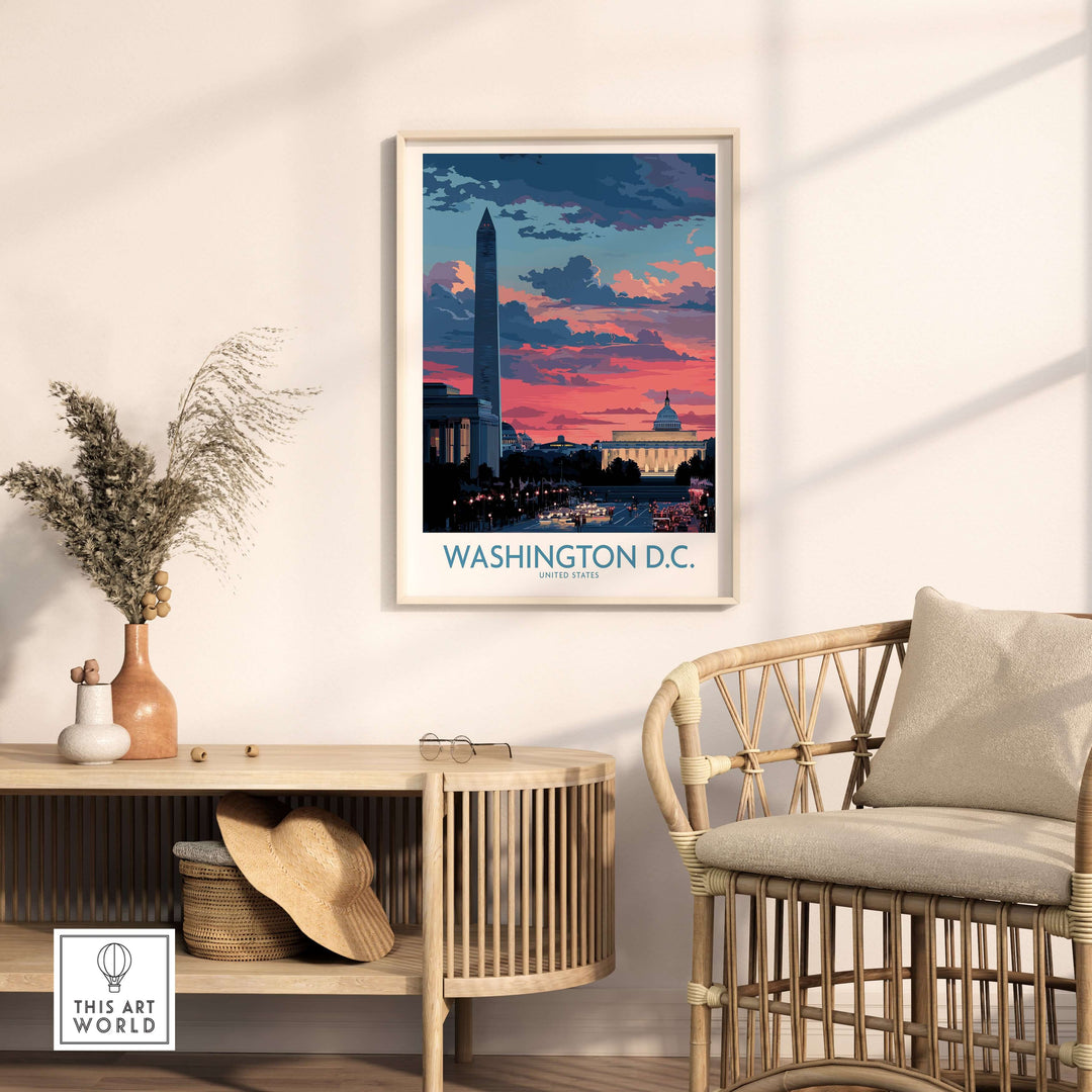 Washington D.C. urban sunset wall art print showcasing the skyline and monuments in warm hues.