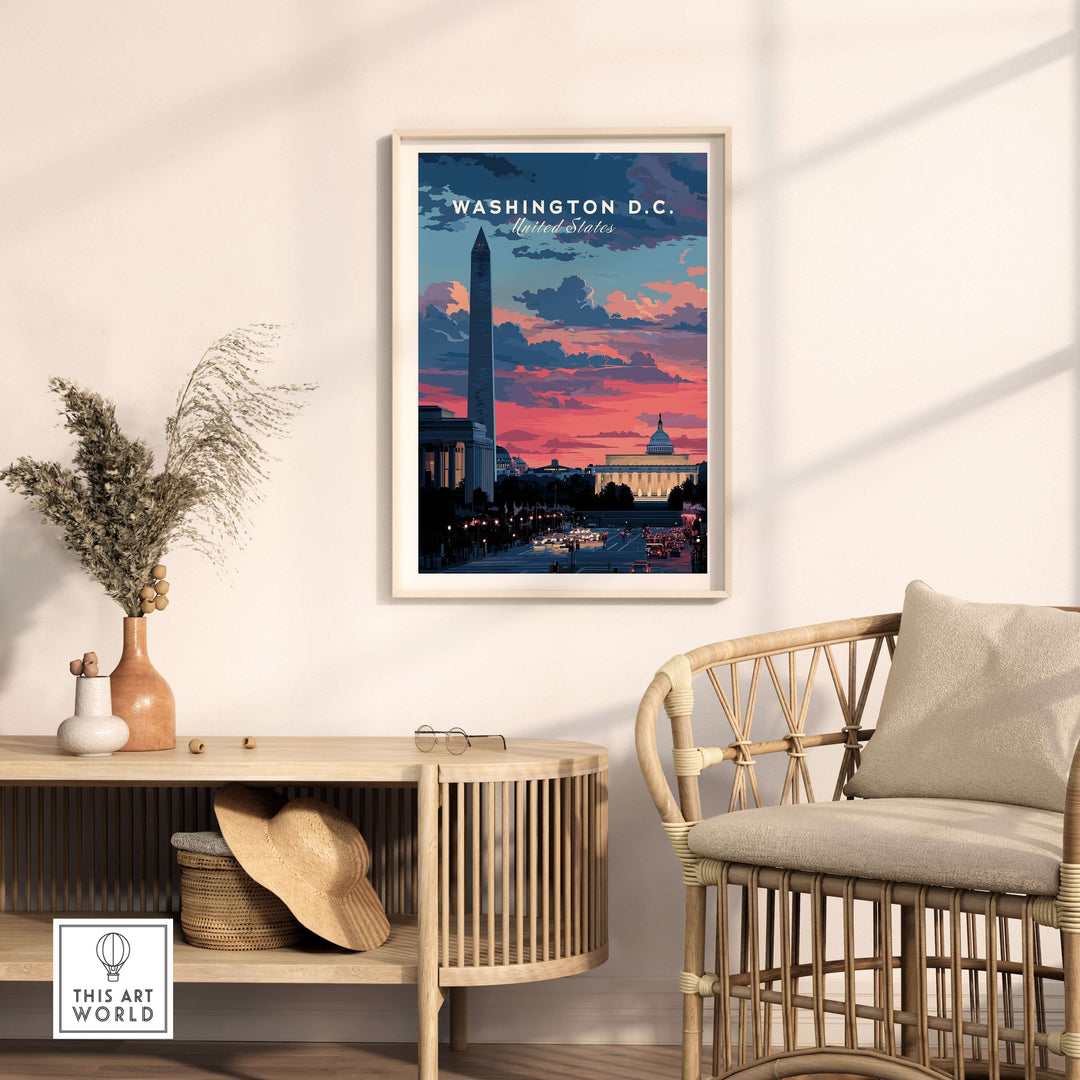 Washington D.C. sunset poster featuring the Washington Monument and skyline, perfect for home decor.