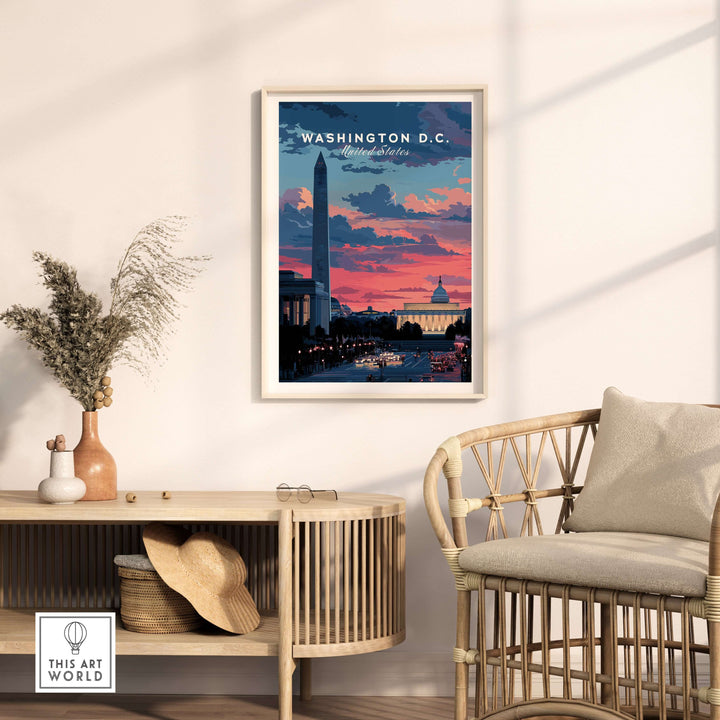 Washington D.C. sunset poster featuring the Washington Monument and skyline, perfect for home decor.