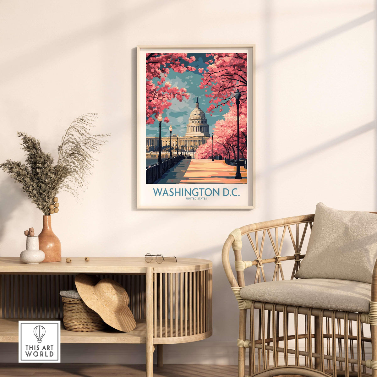 Washington D.C. US Capitol Wall Art - American Decor showcasing a beautiful spring scene with cherry blossoms.