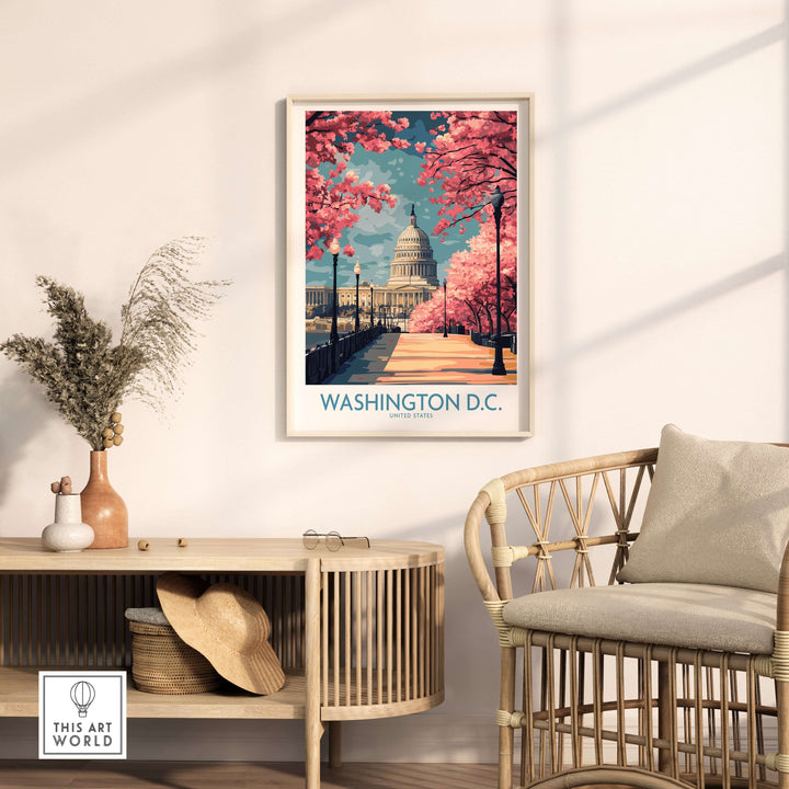 Washington D.C. Capitol wall art with cherry blossoms in elegant living room setting