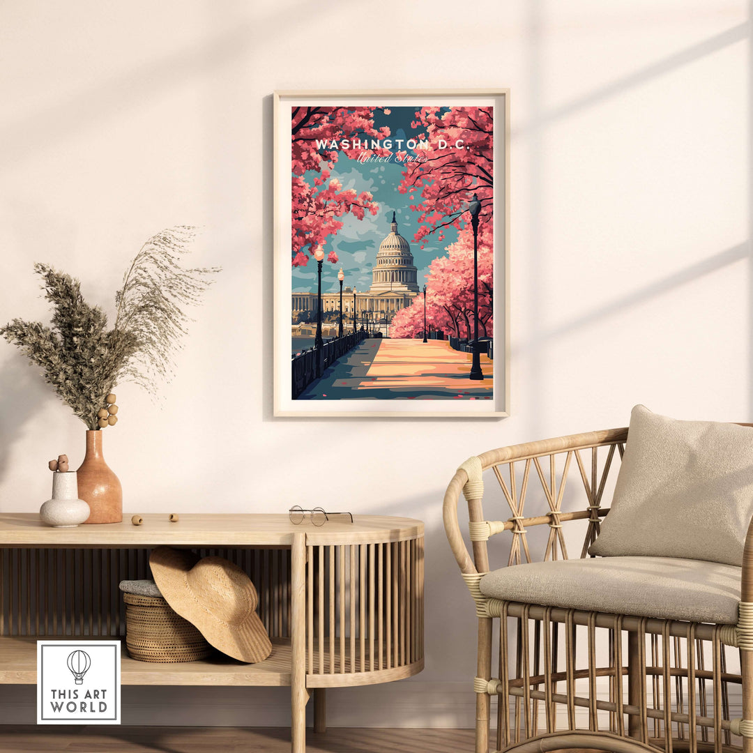 Washington D.C. Cherry Blossom Capitol print in a cozy living room setting, highlighting spring beauty.
