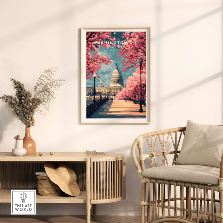 Washington D.C. Cherry Blossom Capitol print in a cozy living room setting, highlighting spring beauty.