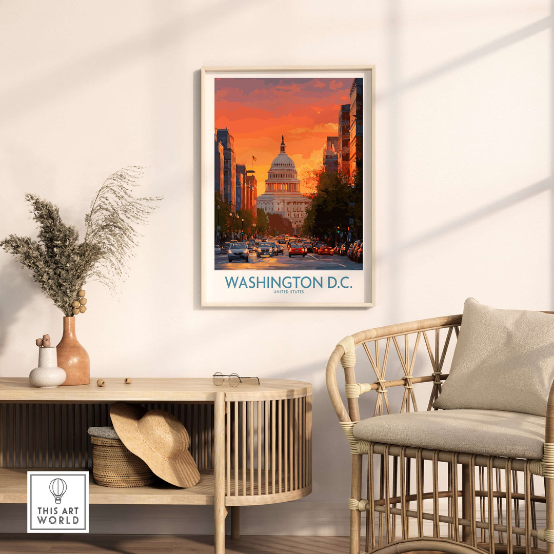 Washington D.C. cityscape poster featuring the US Capitol at dusk, vibrant colors, and modern decor setting.