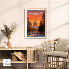 Washington D.C. Capitol Building Sunset Print - American Landmark Wall Art displayed in a modern living room setting.