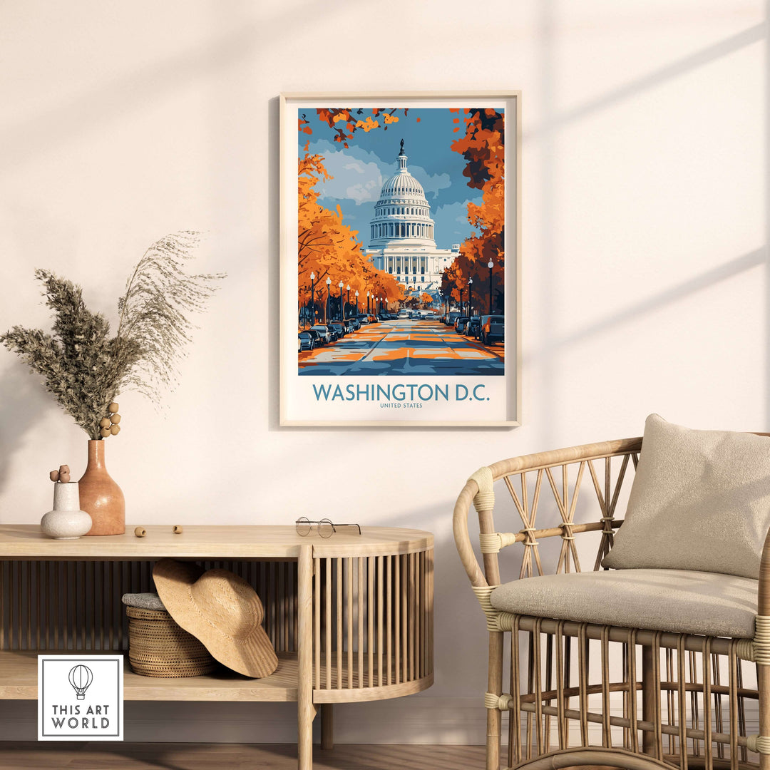 Washington D.C. US Capitol Building poster in stylish living room decor with autumn colors.