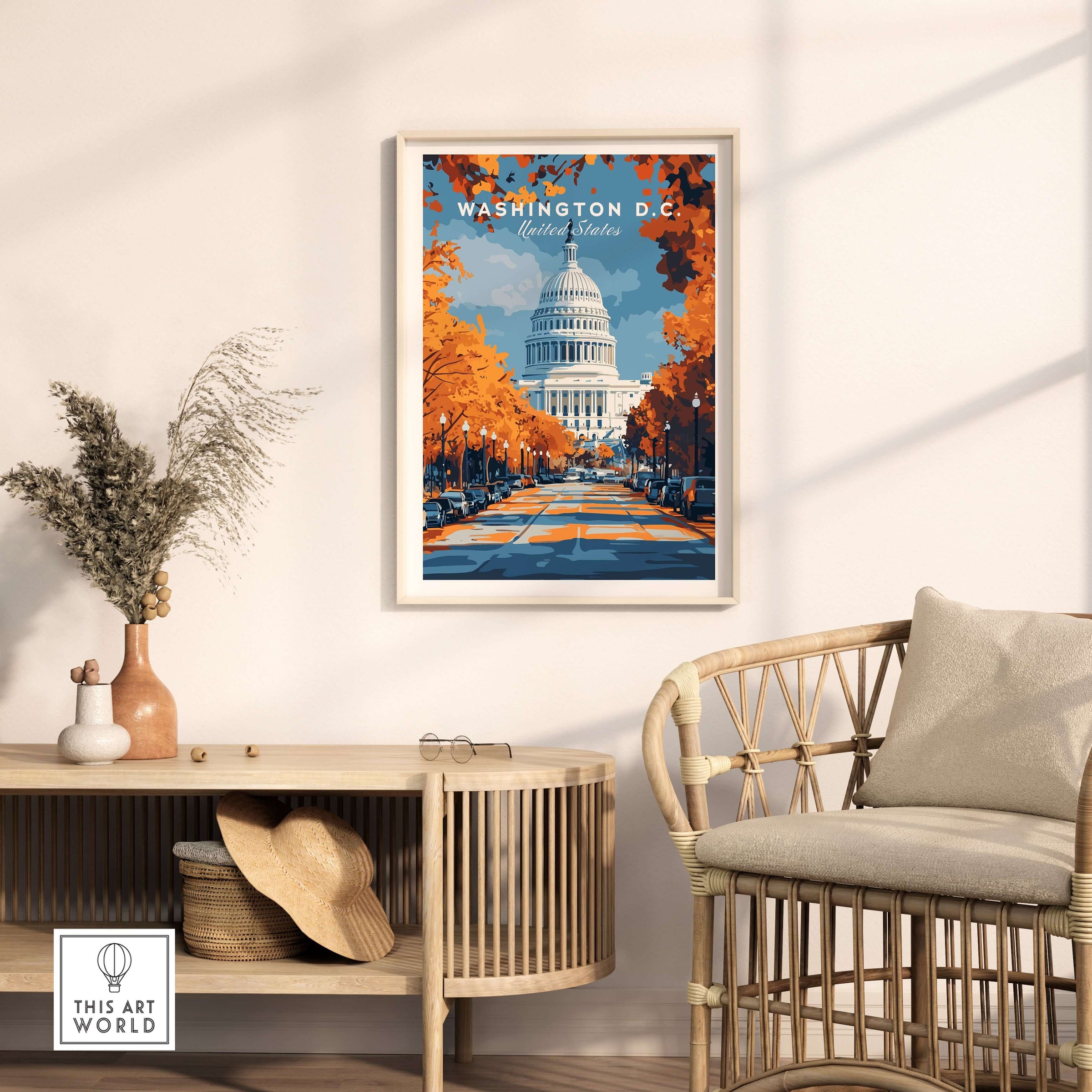 Washington D.C. Autumn Capitol View Print - Wall Art showcasing the Capitol building with vibrant autumn foliage.