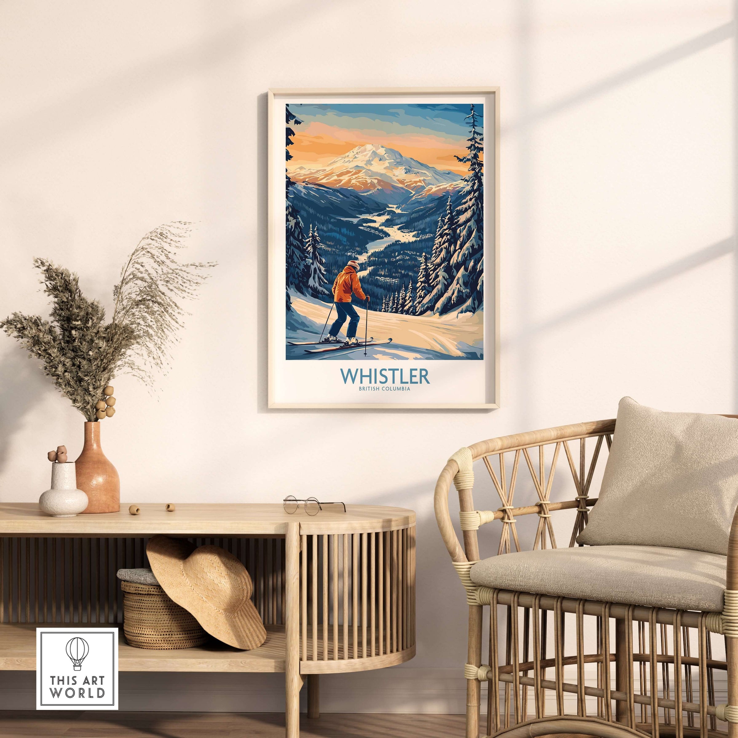 Whistler Ski Print in a cozy living room, showcasing British Columbia's stunning winter landscapes and ski adventure.