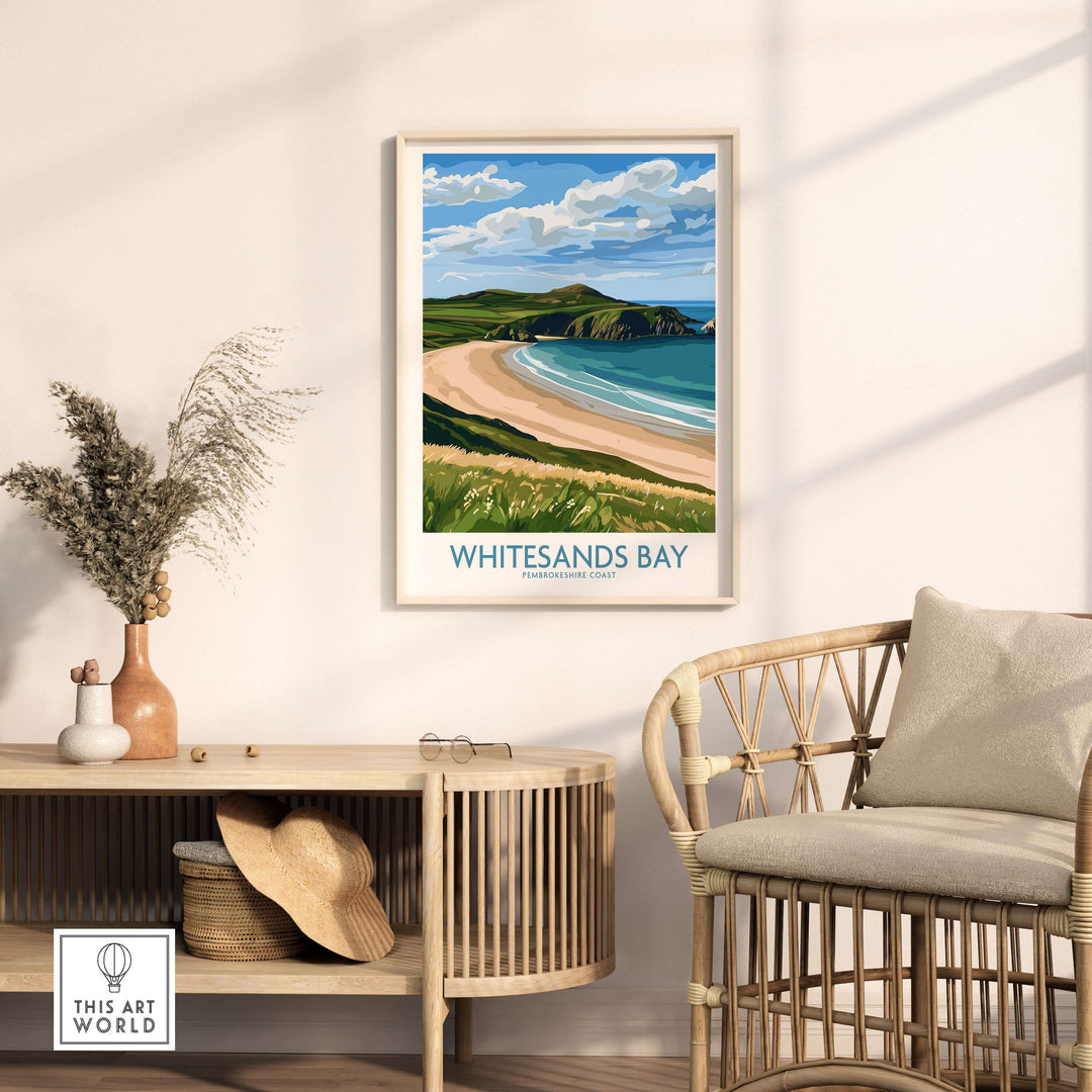 Stunning Whitesands Bay print in a coastal decor setting, showcasing vibrant waves and sandy beach in Wales.