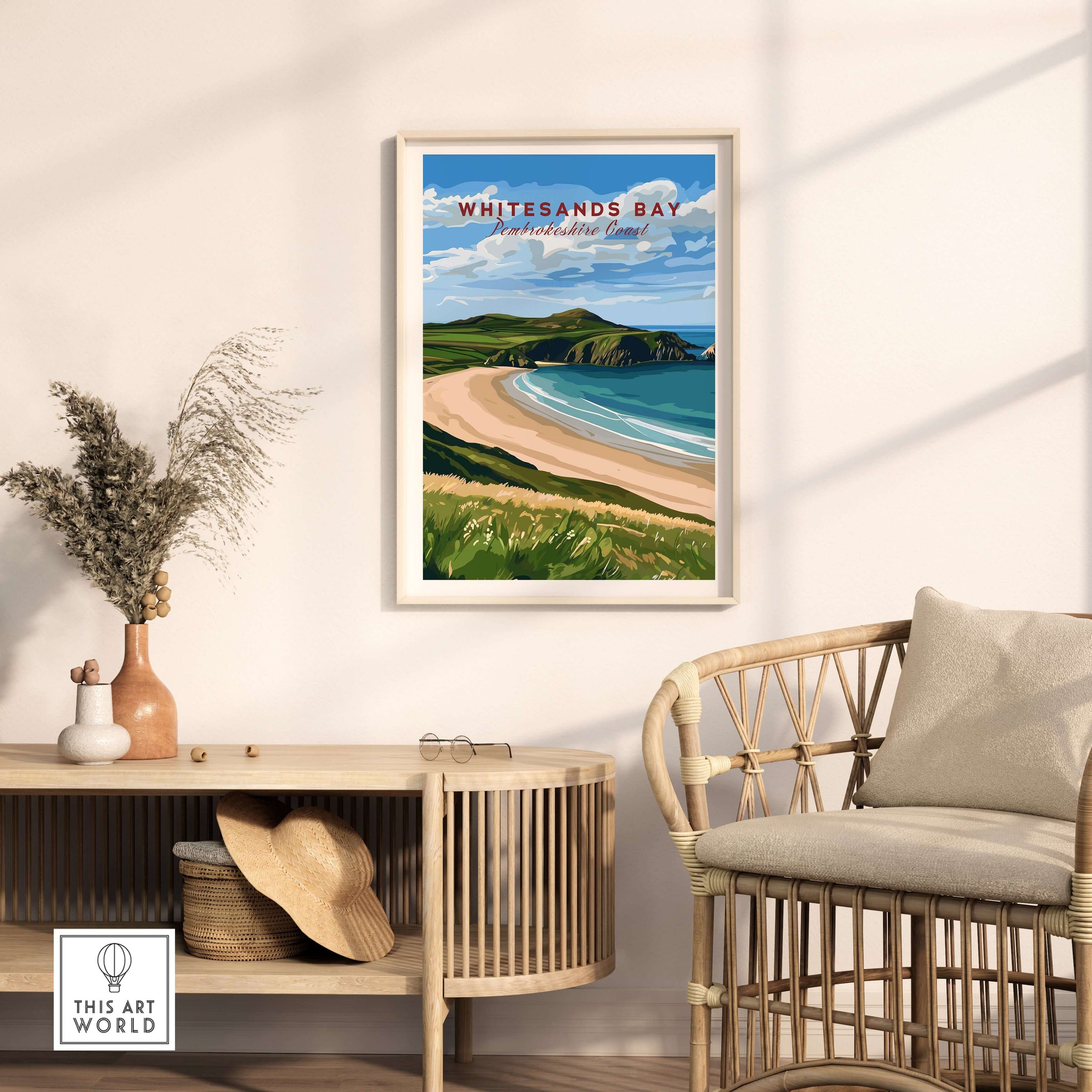 Whitesands Bay Coastal View Poster - Pembrokeshire Coast National Park Wall Art displayed in a modern living room setting.