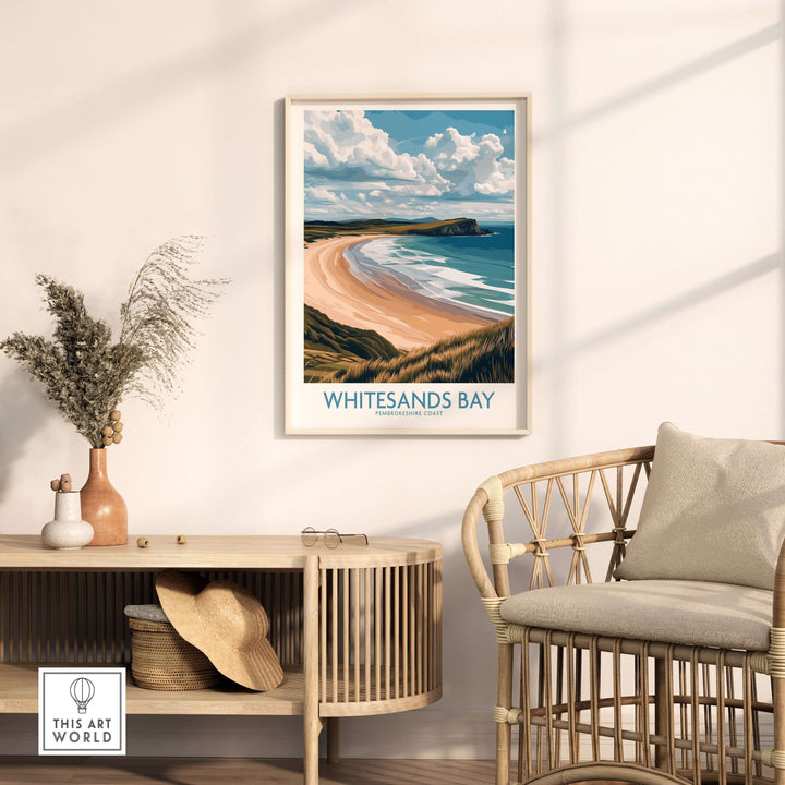 Whitesands Bay poster featuring grassy dunes and sea, enhancing coastal decor in a stylish living room.