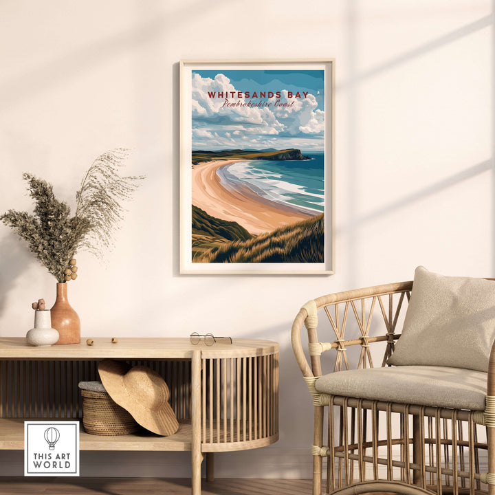 Whitesands Bay Pembrokeshire Sandy Bay seaside print in modern living room decor, coastal wall art for serene ambiance.