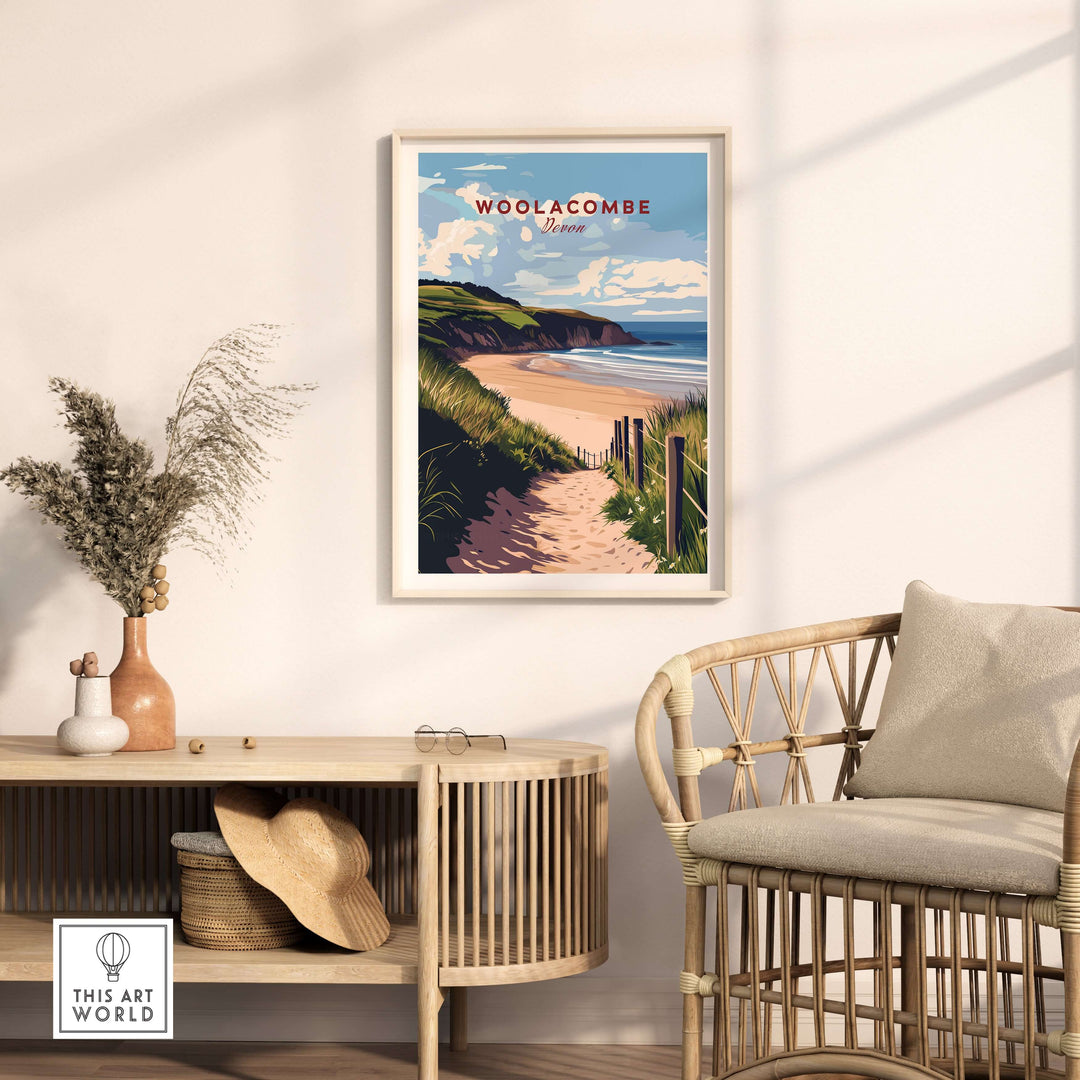 Woolacombe Beach Path Print framed in a cozy room, showcasing Coastal Devon scenery and natural beauty.