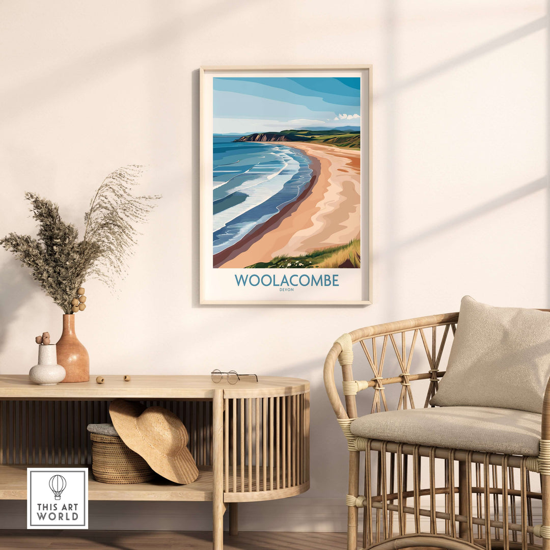 Woolacombe Devon coastal cliffs wall art displayed in a modern living room, evoking seaside serenity.