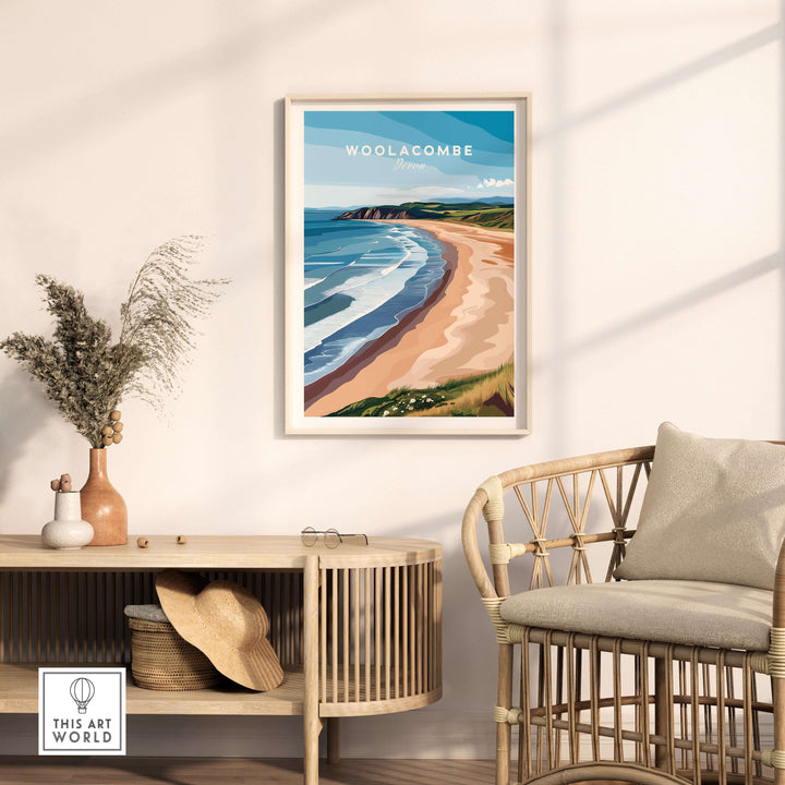 Woolacombe Devon long beach sunset poster in a modern living room setting with rolling waves and coastal decor.