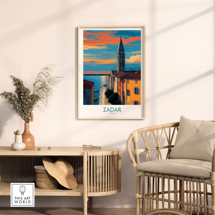 Zadar Croatia Sunset Bell Tower Art Print | Old Town Seascape Poster displayed in a modern living room setting.