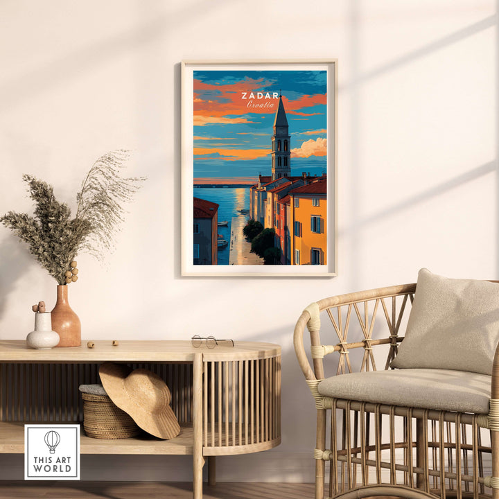 Zadar Poster - Dalmatian Coast Twilight View Print | Croatian Home Decor displayed in a stylish living room setting.