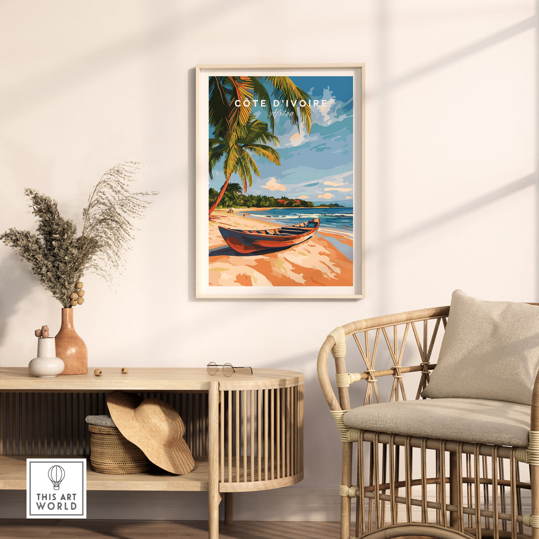 Côte d'Ivoire Beach Wall Art featuring a serene coastal scene with palm trees and a boat, perfect for home decor.