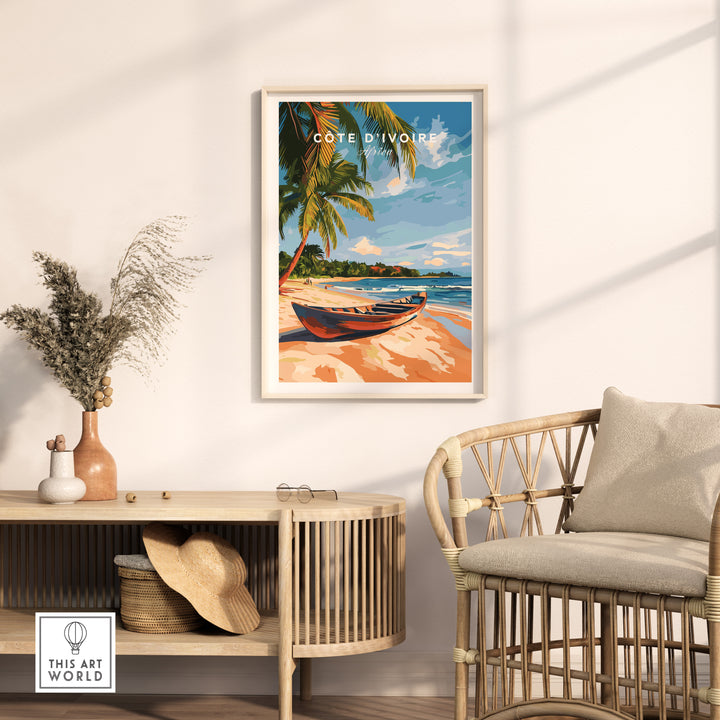 Côte d'Ivoire Beach Wall Art featuring a serene coastal scene with palm trees and a boat, perfect for home decor.