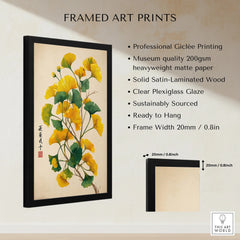 Framed ginkgo leaf art print with museum quality matte paper and black wood frame