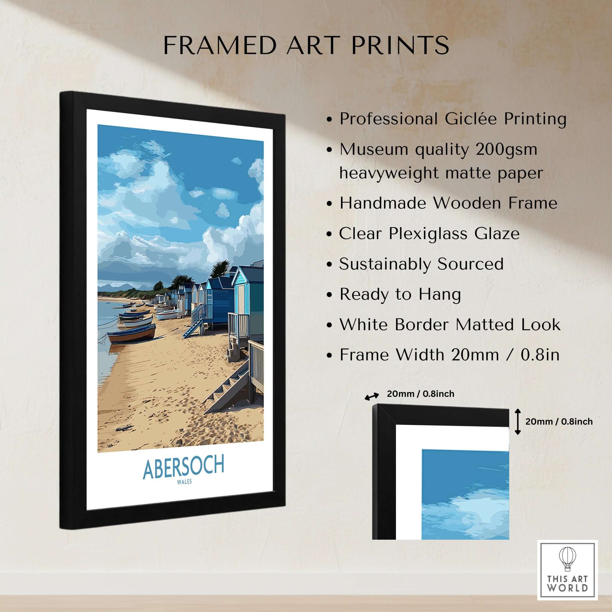 Abersoch Wales Beach Huts Art Print | Coastal Boats Wall Decor Poster displayed in a black frame with seaside imagery.