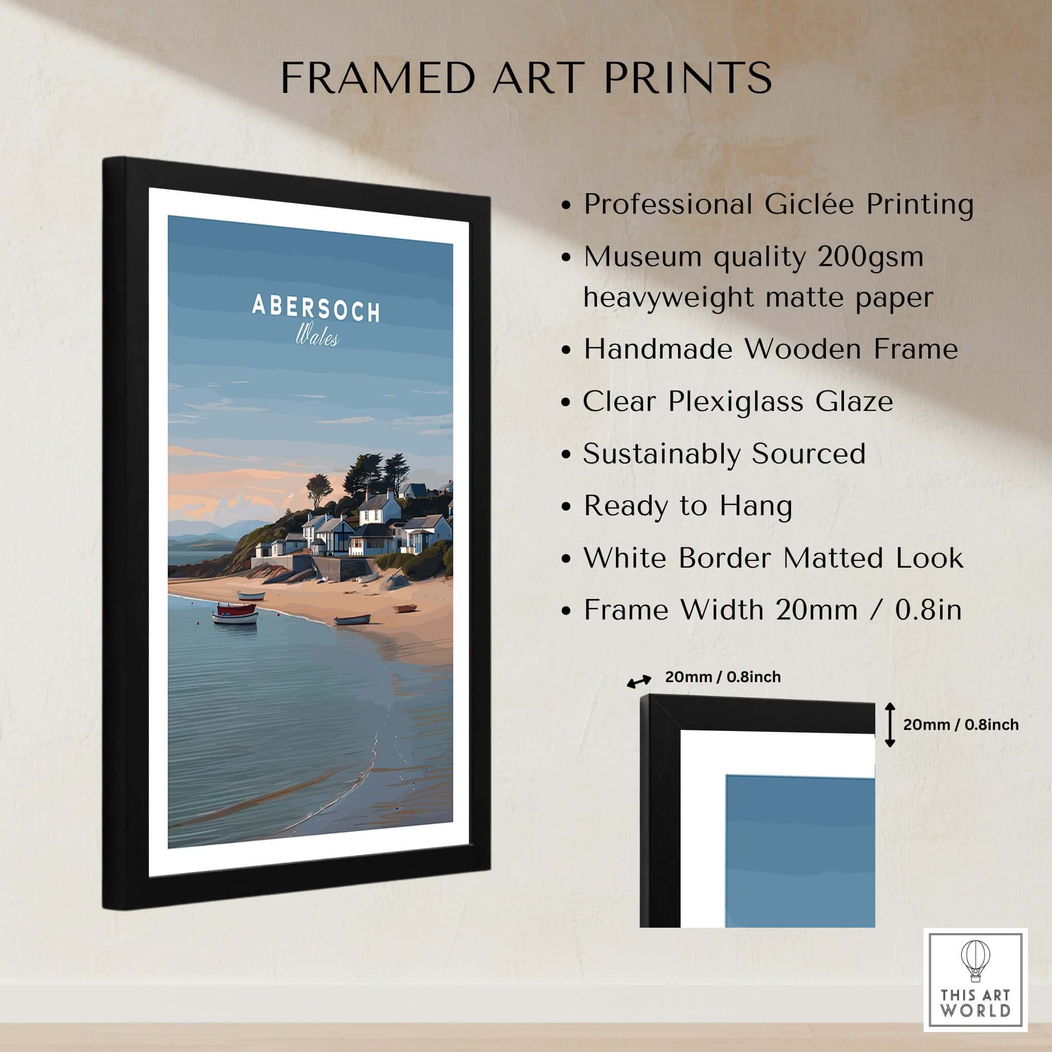 Abersoch Llyn Peninsula Shoreline View Canvas Print | Welsh Seaside Travel Poster framed art print features.