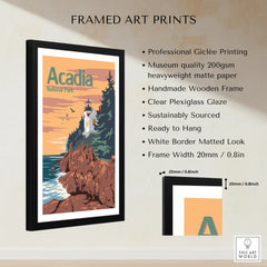 Framed Acadia National Park print with lighthouse, rocky coast, and sunset wall art details