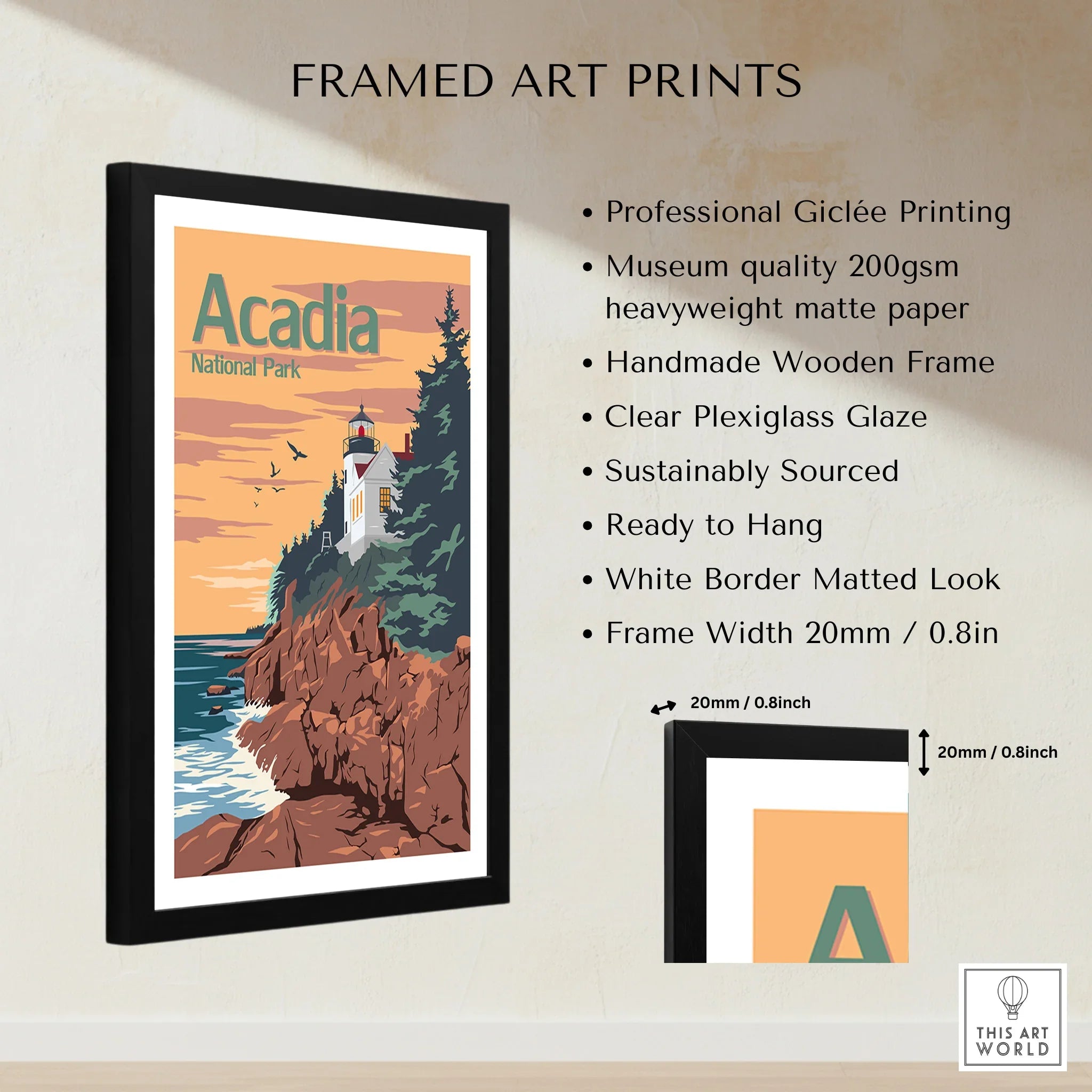 Framed Acadia National Park print with lighthouse, rocky coast, and sunset wall art details