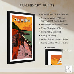 Framed Acadia National Park travel poster print with bold sunset colors and rocky coast details