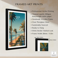 Agadir Travel Poster Print Morocco - Palm Trees featuring palm trees and Mediterranean coastline in a framed art print.