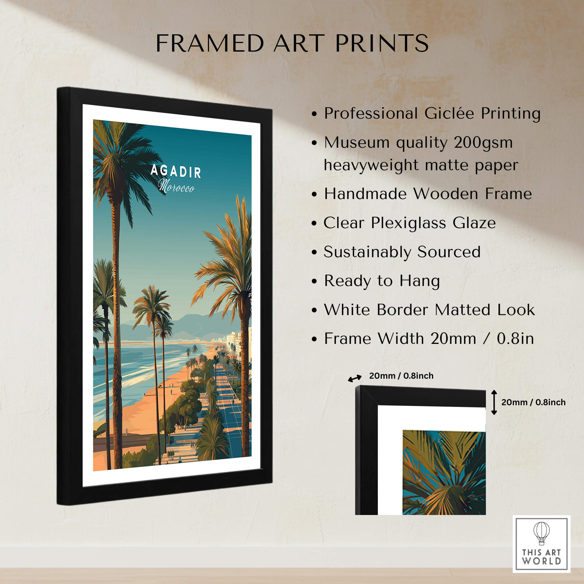 Agadir Travel Poster Print Morocco - Palm Trees featuring palm trees and Mediterranean coastline in a framed art print.